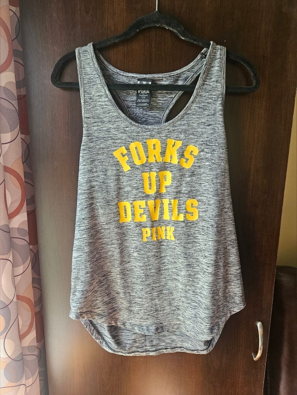 PINK Victoria's Secret Gray Racerback Tank with Yellow 'Forks Up Devils' Graphic